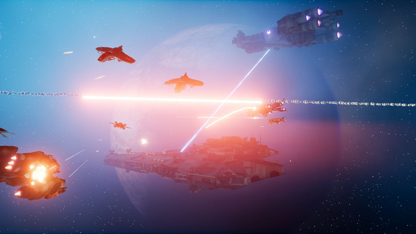 Fighters and a capital ship exchange laser fire in SpaceBourne