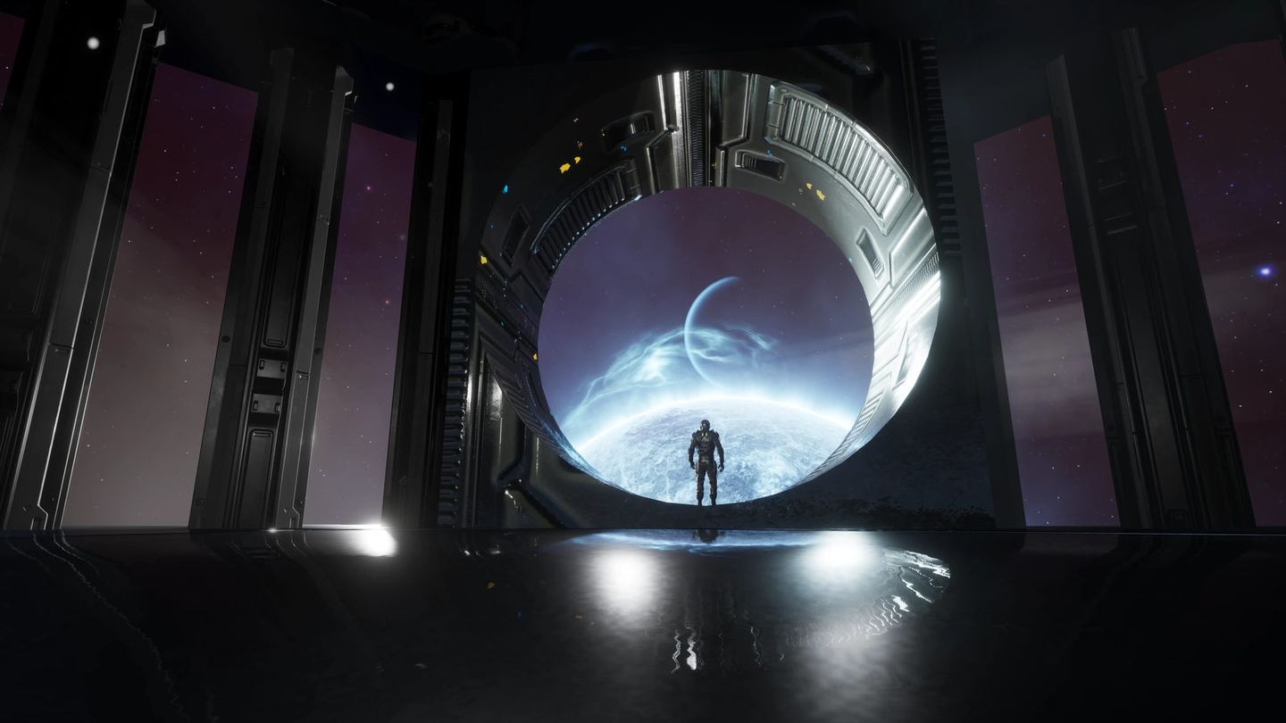 A lone pilot stands in a circular hangar gate looking out at a planet in SpaceBourne 2